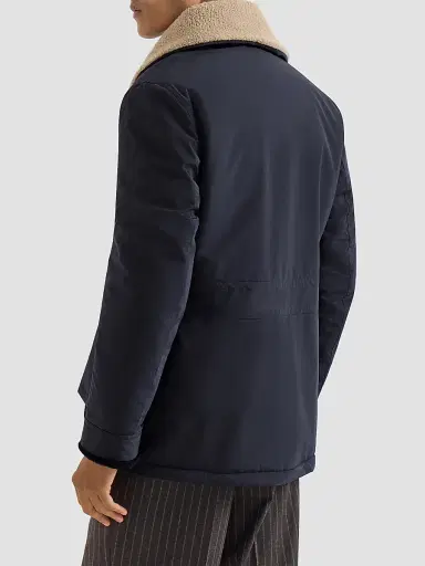 Brunello Cucinelli Men's Bonded Nylon Double-Breasted Coat with Shearling Lining - Navy Blue | Thumbnail 4