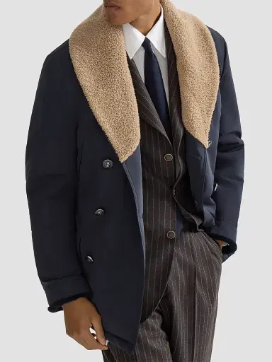 Brunello Cucinelli Men's Bonded Nylon Double-Breasted Coat with Shearling Lining - Navy Blue | Thumbnail 5