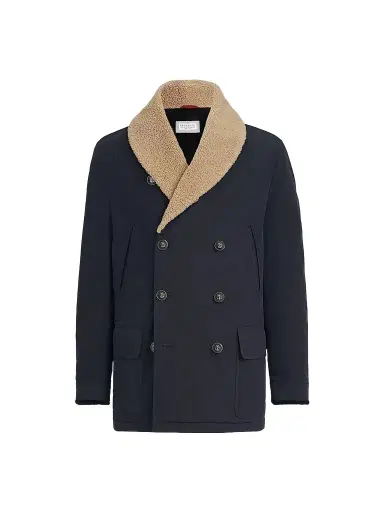 Brunello Cucinelli Men's Bonded Nylon Double-Breasted Coat with Shearling Lining - Navy Blue | Thumbnail 1