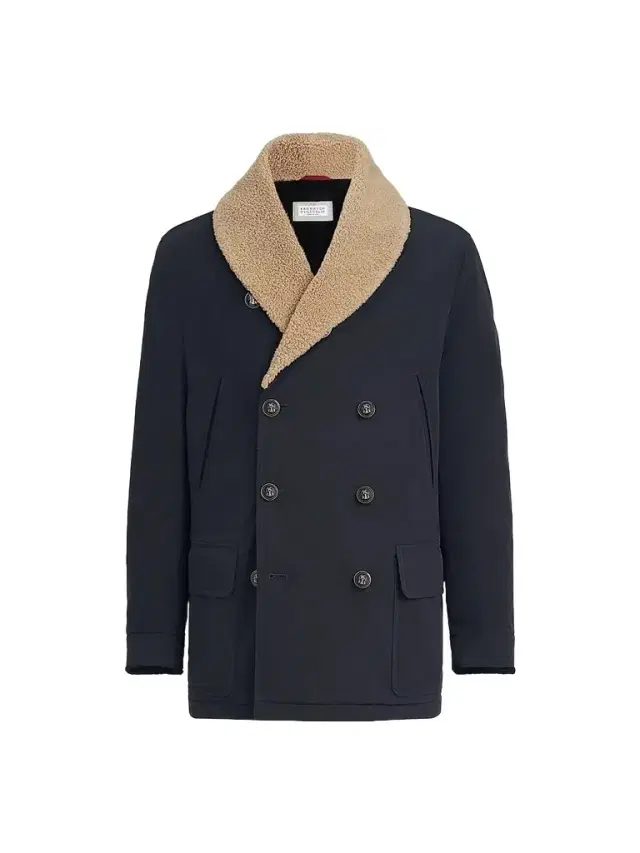 Brunello Cucinelli Men's Bonded Nylon Double-Breasted Coat with Shearling Lining - Navy Blue