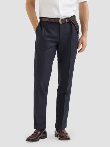 Brunello Cucinelli Men's Virgin Wool Flannel Italian Fit Trousers - Blue | Thumbnail 2