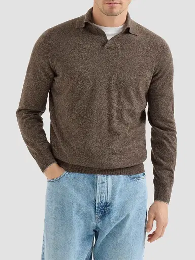 Brunello Cucinelli Men's Mouliné Cashmere Knit Polo Shirt - Brown | Thumbnail 2