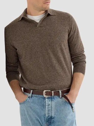 Brunello Cucinelli Men's Mouliné Cashmere Knit Polo Shirt - Brown | Thumbnail 5