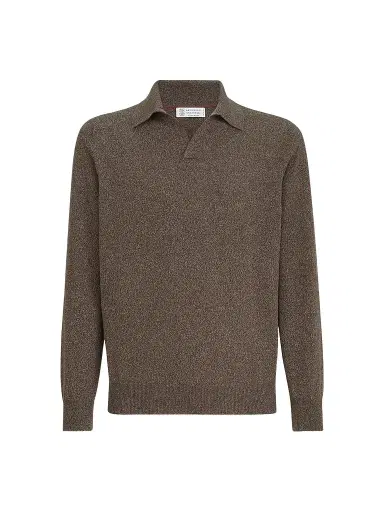 Brunello Cucinelli Men's Mouliné Cashmere Knit Polo Shirt - Brown | Thumbnail 1