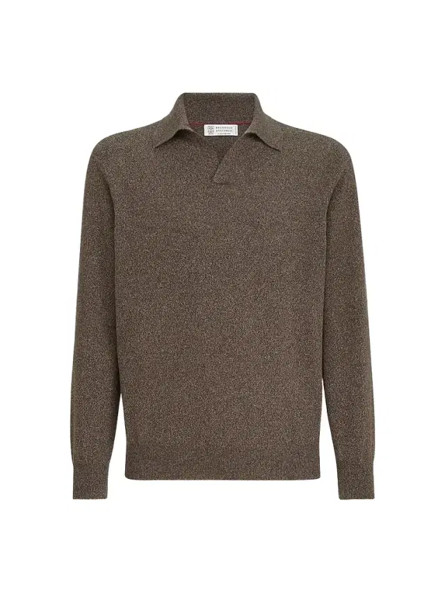 Men's Mouliné Cashmere Knit Polo Shirt - Brown