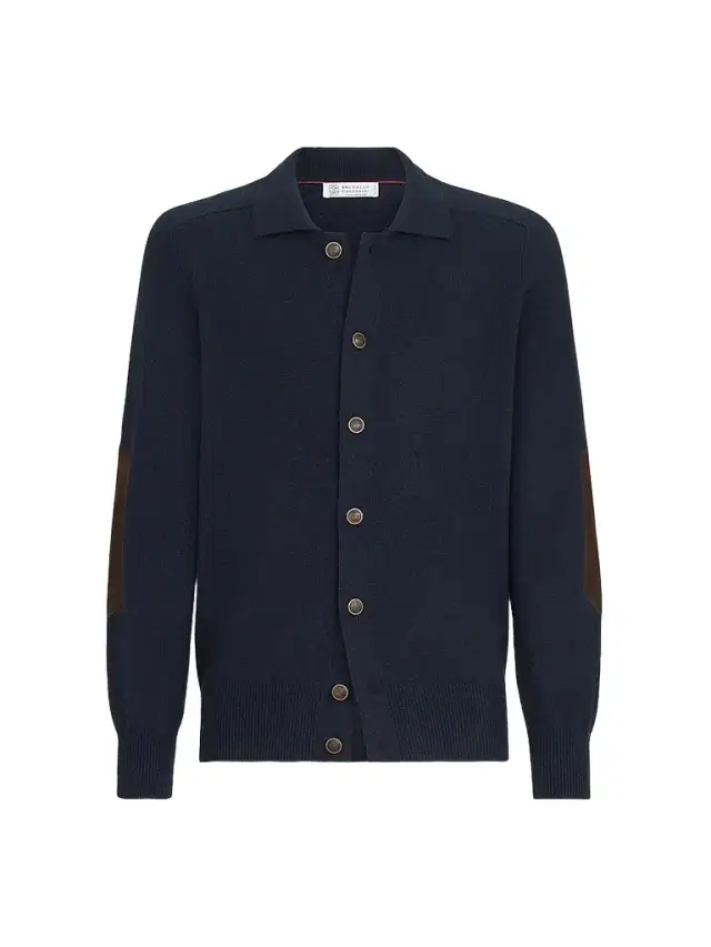 Brunello Cucinelli Men's Cashmere Cardigan with Shirt-Style Collar and Buttons - Navy Blue