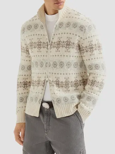 Brunello Cucinelli Men's Cashmere Jacquard High-Neck Cardigan with Zipper - Stone Grey - Size 48 | Thumbnail 3