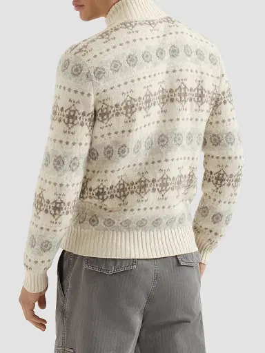Brunello Cucinelli Men's Cashmere Jacquard High-Neck Cardigan with Zipper - Stone Grey - Size 48 | Thumbnail 4