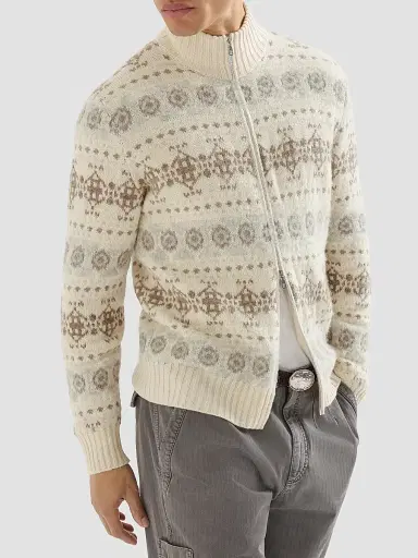 Brunello Cucinelli Men's Cashmere Jacquard High-Neck Cardigan with Zipper - Stone Grey - Size 48 | Thumbnail 5