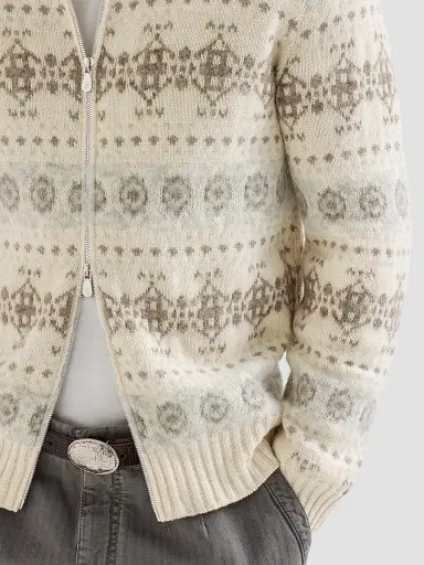 Brunello Cucinelli Men's Cashmere Jacquard High-Neck Cardigan with Zipper - Stone Grey - Size 48 | Thumbnail 6