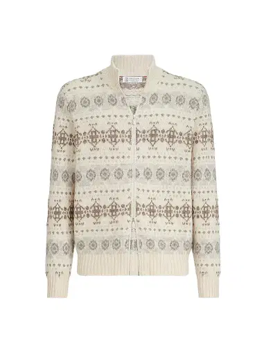 Brunello Cucinelli Men's Cashmere Jacquard High-Neck Cardigan with Zipper - Stone Grey - Size 48 | Thumbnail 1