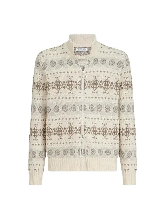 Brunello Cucinelli Men's Cashmere Jacquard High-Neck Cardigan with Zipper - Stone Grey