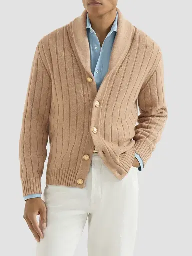 Brunello Cucinelli Men's Cashmere Ribbed Cardigan - Camel | Thumbnail 3