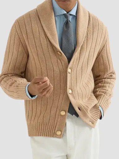 Brunello Cucinelli Men's Cashmere Ribbed Cardigan - Camel | Thumbnail 5
