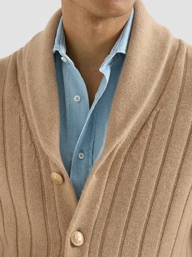 Brunello Cucinelli Men's Cashmere Ribbed Cardigan - Camel | Thumbnail 6