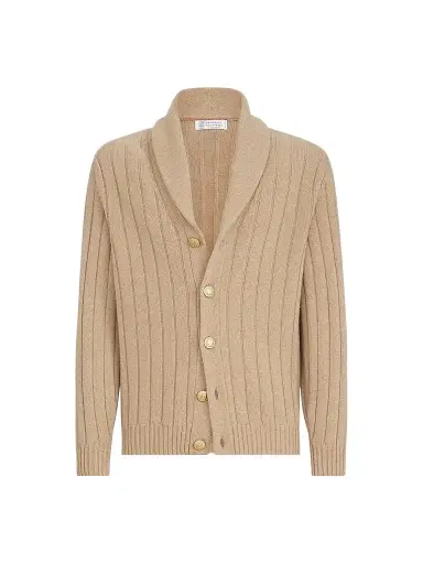 Brunello Cucinelli Men's Cashmere Ribbed Cardigan - Camel | Thumbnail 1