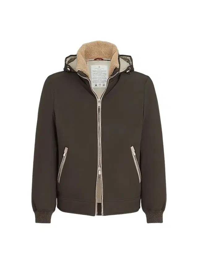 Brunello Cucinelli Men's Stretch Bonded Nylon Down Jacket with Detachable Hood - Brown
