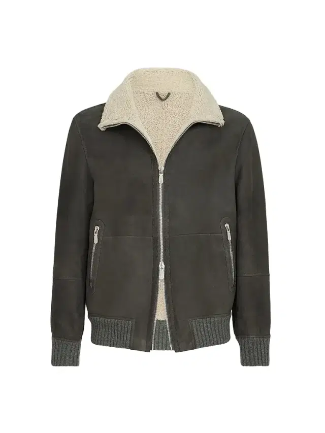 Men's Suede Curly Shearling Bomber Jacket - Grey