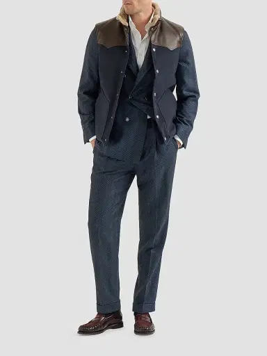 Brunello Cucinelli Men's Bonded Wool Down Vest with Shearling Collar and Nappa Leather Inserts - Blue | Thumbnail 2
