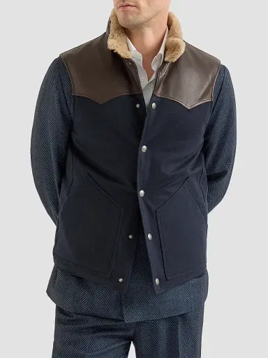 Brunello Cucinelli Men's Bonded Wool Down Vest with Shearling Collar and Nappa Leather Inserts - Blue | Thumbnail 3