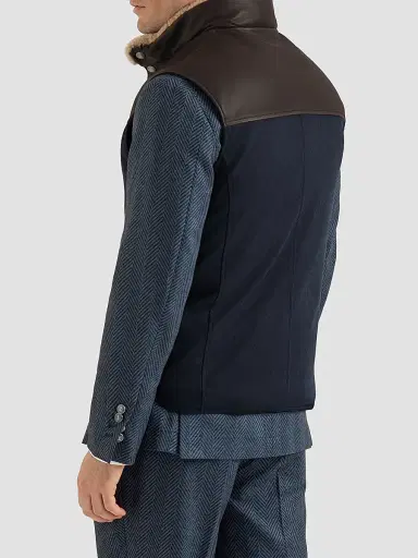 Brunello Cucinelli Men's Bonded Wool Down Vest with Shearling Collar and Nappa Leather Inserts - Blue | Thumbnail 4