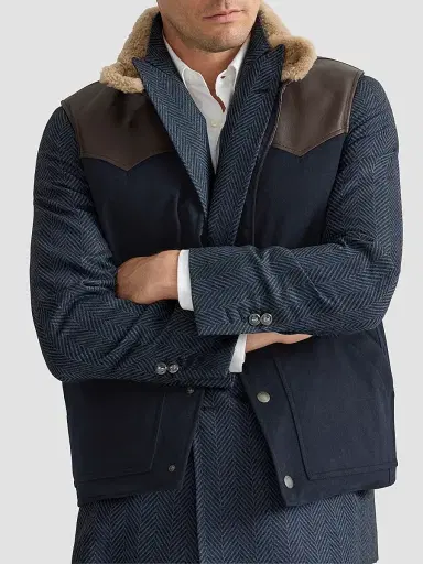 Brunello Cucinelli Men's Bonded Wool Down Vest with Shearling Collar and Nappa Leather Inserts - Blue | Thumbnail 5