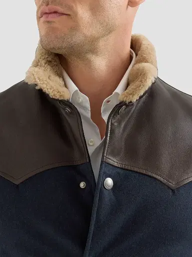 Brunello Cucinelli Men's Bonded Wool Down Vest with Shearling Collar and Nappa Leather Inserts - Blue | Thumbnail 6