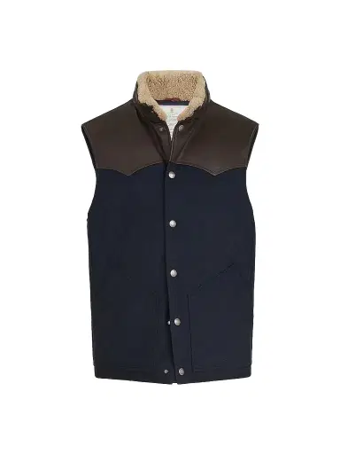 Brunello Cucinelli Men's Bonded Wool Down Vest with Shearling Collar and Nappa Leather Inserts - Blue | Thumbnail 1