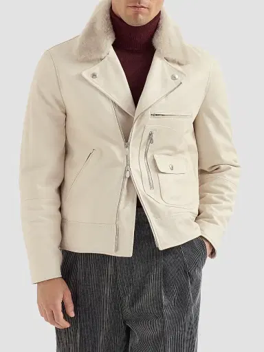 Brunello Cucinelli Men's Nappa Leather Biker Jacket with Thermore Padding and Detachable Shearling Collar - | Thumbnail 2