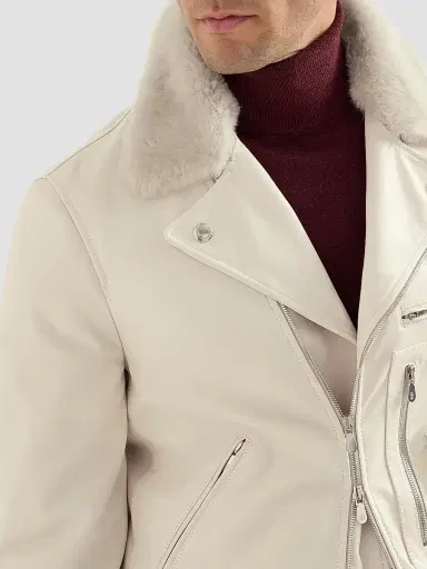 Brunello Cucinelli Men's Nappa Leather Biker Jacket with Thermore Padding and Detachable Shearling Collar - | Thumbnail 4