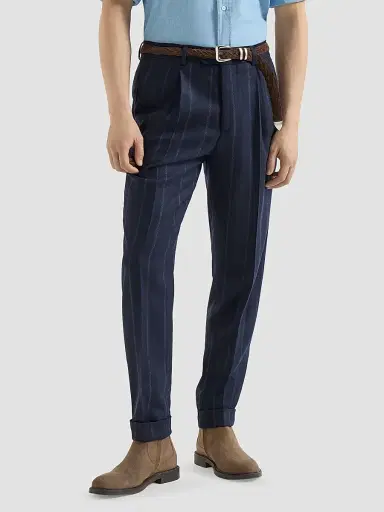 Brunello Cucinelli Men's Cashmere and Virgin Wool Multistrip Twill Trousers - Navy Blue - Size 42 | Thumbnail 3 Brunello Cucinelli Men's Cashmere and Virgin Wool Multistrip Twill Trousers - Navy Blue - Size 42 | Thumbnail 3