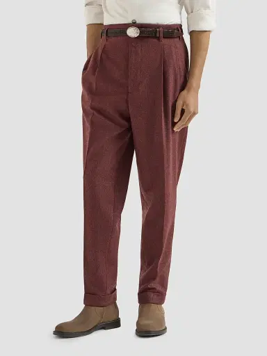 Brunello Cucinelli Men's Virgin Wool and Cashmere Flannel Trousers with Double Pleats - Lava | Thumbnail 3