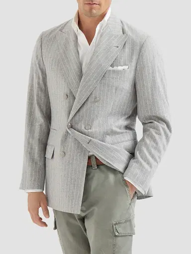 Brunello Cucinelli Men's Flannel One and A Half Breasted Deconstructed Blazer - Light Grey | Thumbnail 2