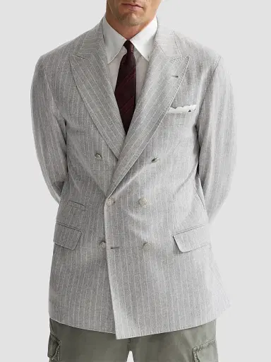 Brunello Cucinelli Men's Flannel One and A Half Breasted Deconstructed Blazer - Light Grey | Thumbnail 4