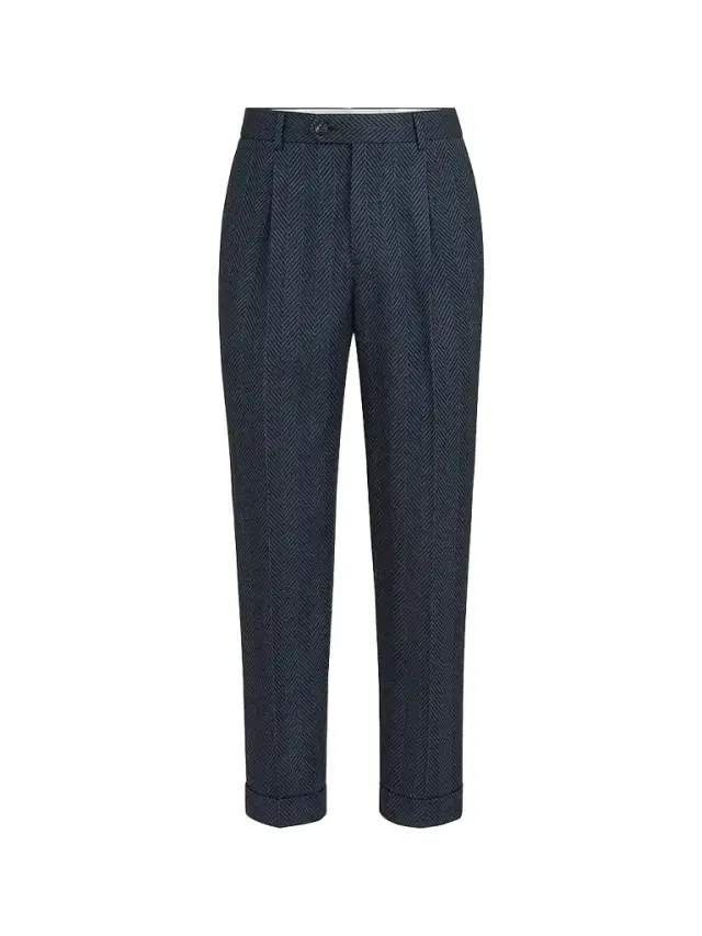 Brunello Cucinelli Men's Cashmere and Silk Chevron Flannel Trousers with Pleat - Navy Blue