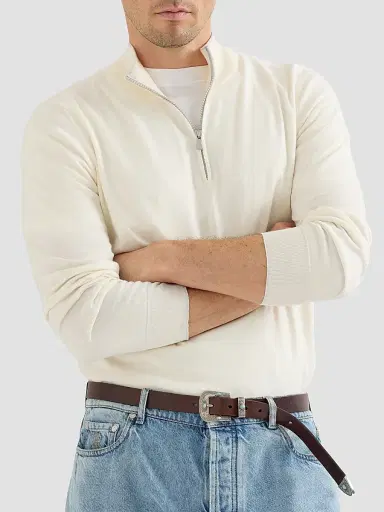Brunello Cucinelli Men's Sea Island Cotton and Cashmere Lightweight Sweater - Panama | Thumbnail 6
