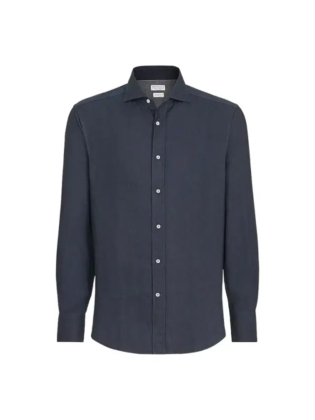 Brunello Cucinelli Men's Stretch Cotton Chevron Flannel Shirt with Spread Collar - Navy Blue