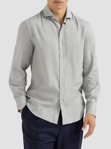 Brunello Cucinelli Men's Stretch Cotton Chevron Flannel Shirt with Spread Collar - Grey | Thumbnail 2