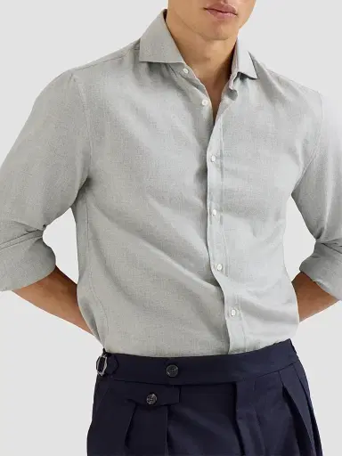 Brunello Cucinelli Men's Stretch Cotton Chevron Flannel Shirt with Spread Collar - Grey | Thumbnail 4