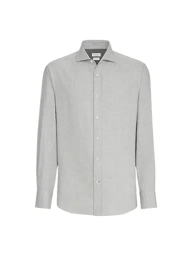 Brunello Cucinelli Men's Stretch Cotton Chevron Flannel Shirt with Spread Collar - Grey | Thumbnail 1