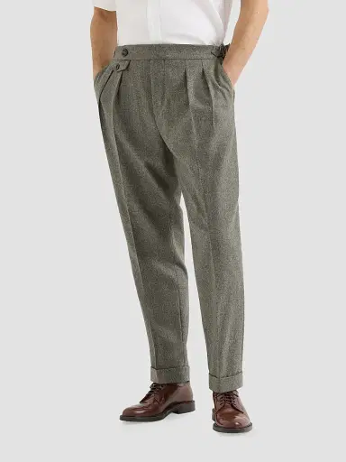 Brunello Cucinelli Men's Virgin Wool Flannel Trousers with Double Pleats - Military - Size 44 | Thumbnail 3