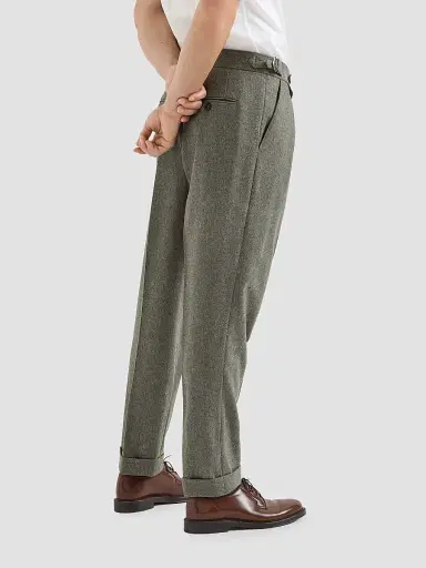 Brunello Cucinelli Men's Virgin Wool Flannel Trousers with Double Pleats - Military - Size 44 | Thumbnail 4