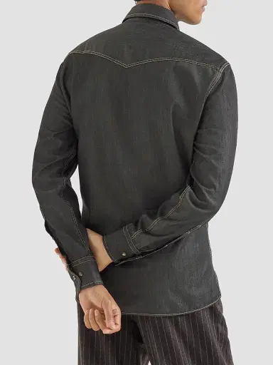 Brunello Cucinelli Men's Lightweight Denim Western Shirt - Dark Grey | Thumbnail 4