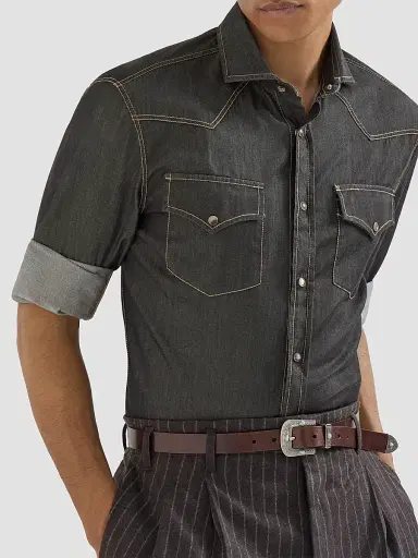 Brunello Cucinelli Men's Lightweight Denim Western Shirt - Dark Grey | Thumbnail 5