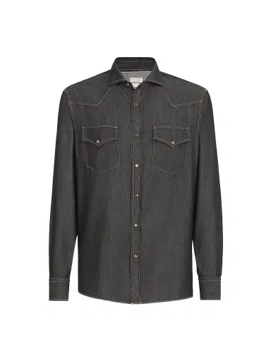 Brunello Cucinelli Men's Lightweight Denim Western Shirt - Dark Grey - Size Medium | Thumbnail 1 Brunello Cucinelli Men's Lightweight Denim Western Shirt - Dark Grey - Size Medium | Thumbnail 1