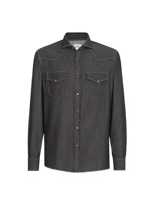 Brunello Cucinelli Men's Lightweight Denim Western Shirt - Dark Grey