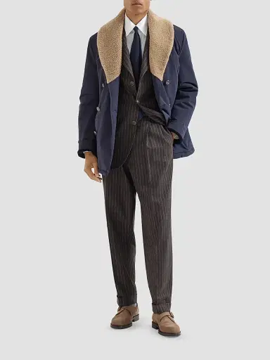 Brunello Cucinelli Men's Virgin Wool and Cashmere Chalk Stripe Trousers with Double Pleats - Brown - Size 44 | Thumbnail 2