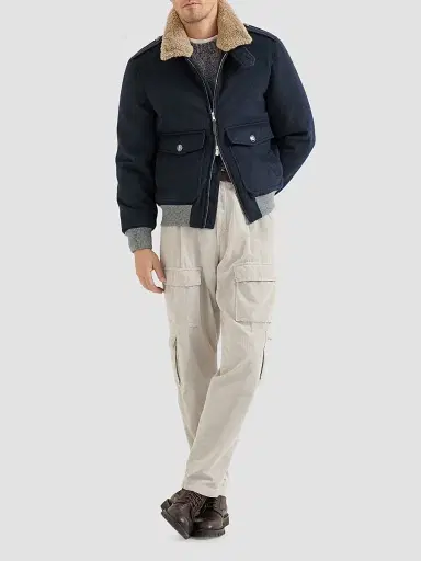 Brunello Cucinelli Men's Bonded Cashmere Beaver Cloth Bomber Jacket - Blue - Size 48 | Thumbnail 2