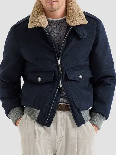 Brunello Cucinelli Men's Bonded Cashmere Beaver Cloth Bomber Jacket - Blue - Size 48 | Thumbnail 3