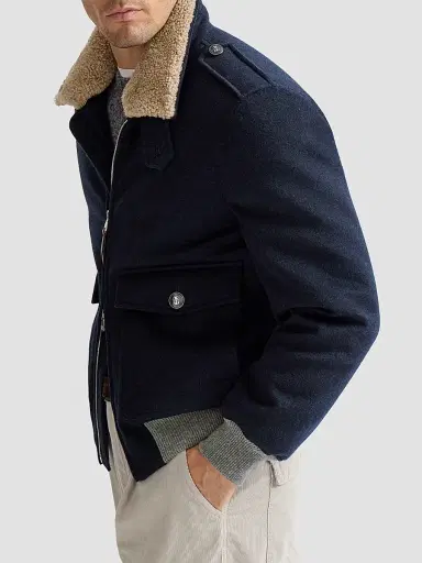 Brunello Cucinelli Men's Bonded Cashmere Beaver Cloth Bomber Jacket - Blue - Size 48 | Thumbnail 4